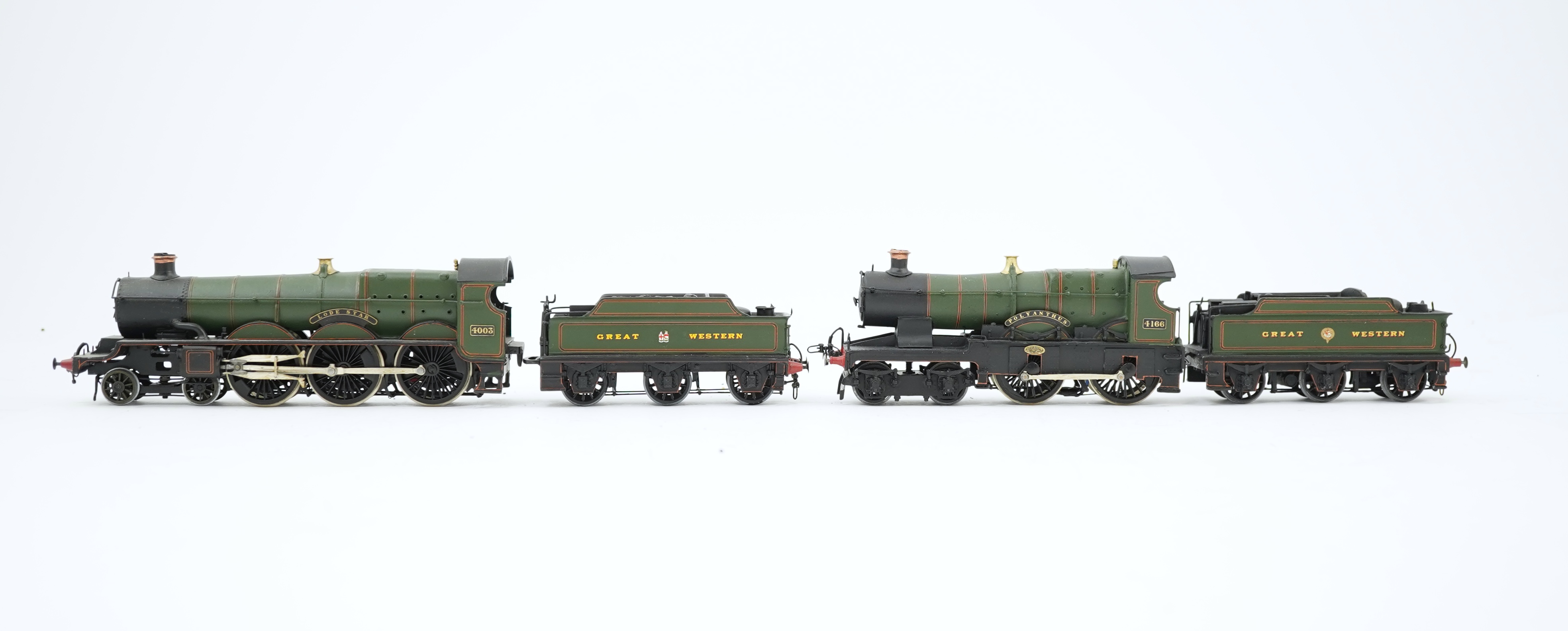 Two 00 gauge brass and white metal kit built GWR tender locomotives; a Star class 4-6-0, Lode Star 4003, together with a Flower class 4-4-0, Polyanthus 4166, constructed, painted and lined to a high standard, both motore